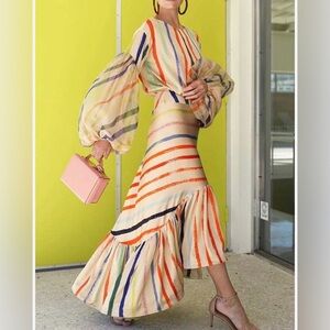 Colorful Striped Dress with Balloon Sleeves